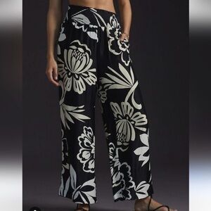 Anthropologie Black and Cream Floral Wide Leg Pants